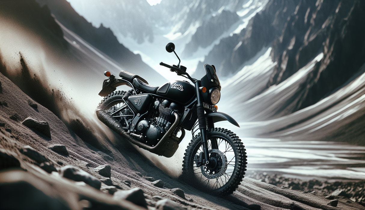 alt_text: Royal Enfield Himalayan hitam menguasai jalur ekstrem, menampilkan kekuatan dan ketangguhan.