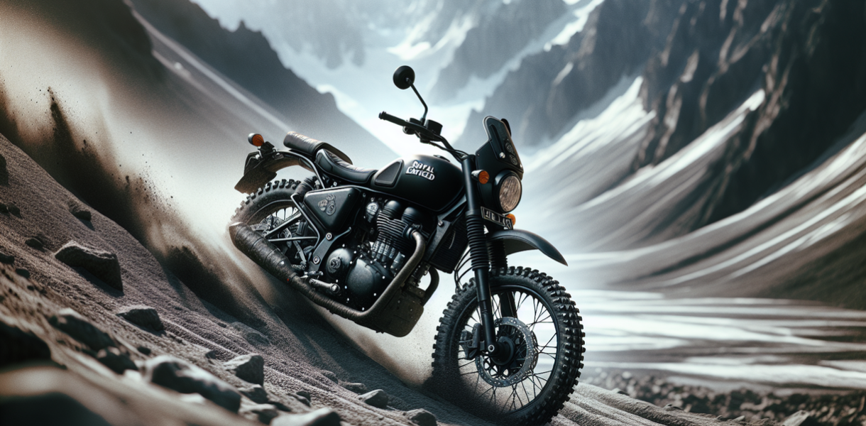 alt_text: Royal Enfield Himalayan hitam menguasai jalur ekstrem, menampilkan kekuatan dan ketangguhan.