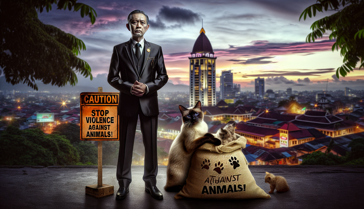 alt_text: Seekor kucing terluka tampak di balik tong sampah dengan latar belakang kota Bandung Raya.