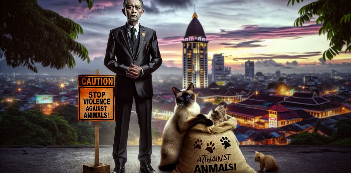 alt_text: Seekor kucing terluka tampak di balik tong sampah dengan latar belakang kota Bandung Raya.