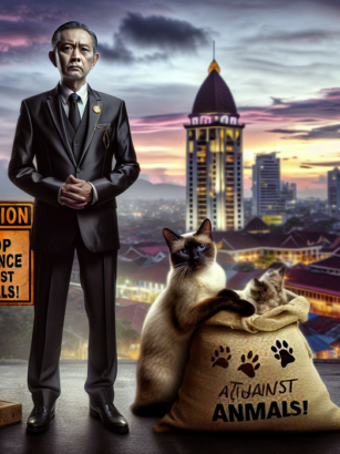 alt_text: Seekor kucing terluka tampak di balik tong sampah dengan latar belakang kota Bandung Raya.