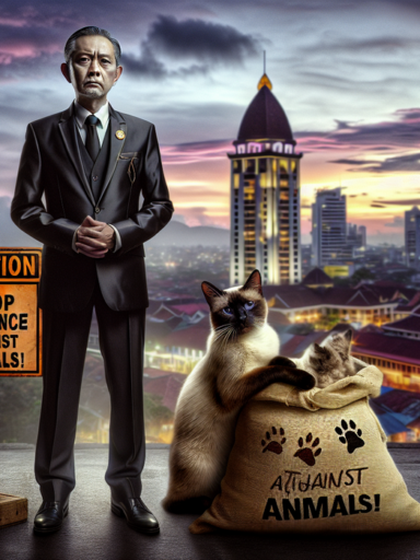 alt_text: Seekor kucing terluka tampak di balik tong sampah dengan latar belakang kota Bandung Raya.