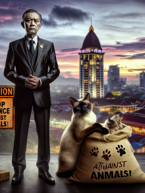 alt_text: Seekor kucing terluka tampak di balik tong sampah dengan latar belakang kota Bandung Raya.