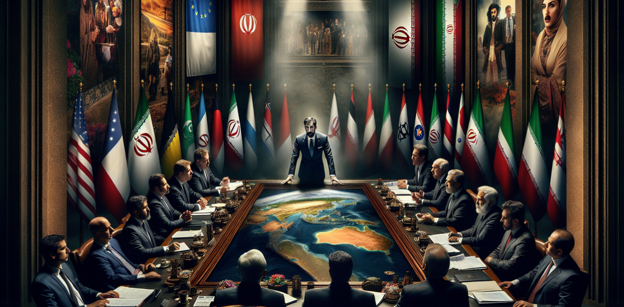 alt_text: Ilustrasi Iran di panggung G7 dengan tema politik internasional yang munafik.