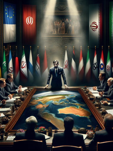 alt_text: Ilustrasi Iran di panggung G7 dengan tema politik internasional yang munafik.