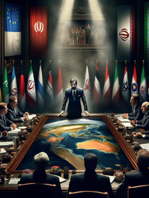 alt_text: Ilustrasi Iran di panggung G7 dengan tema politik internasional yang munafik.