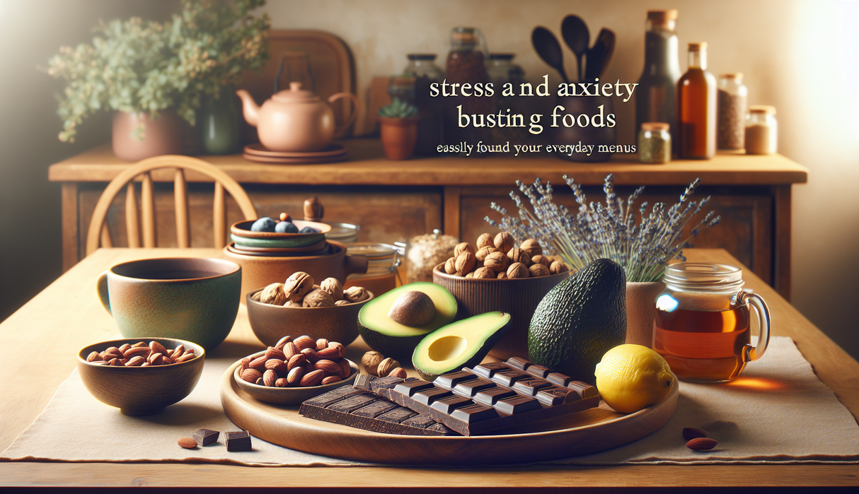 alt_text: Enam makanan di meja yang mendukung kesehatan mental, termasuk oatmeal dan kacang-kacangan.