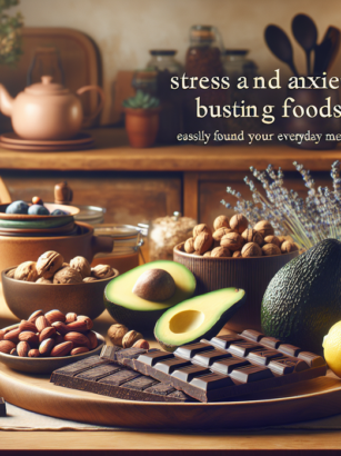 alt_text: Enam makanan di meja yang mendukung kesehatan mental, termasuk oatmeal dan kacang-kacangan.