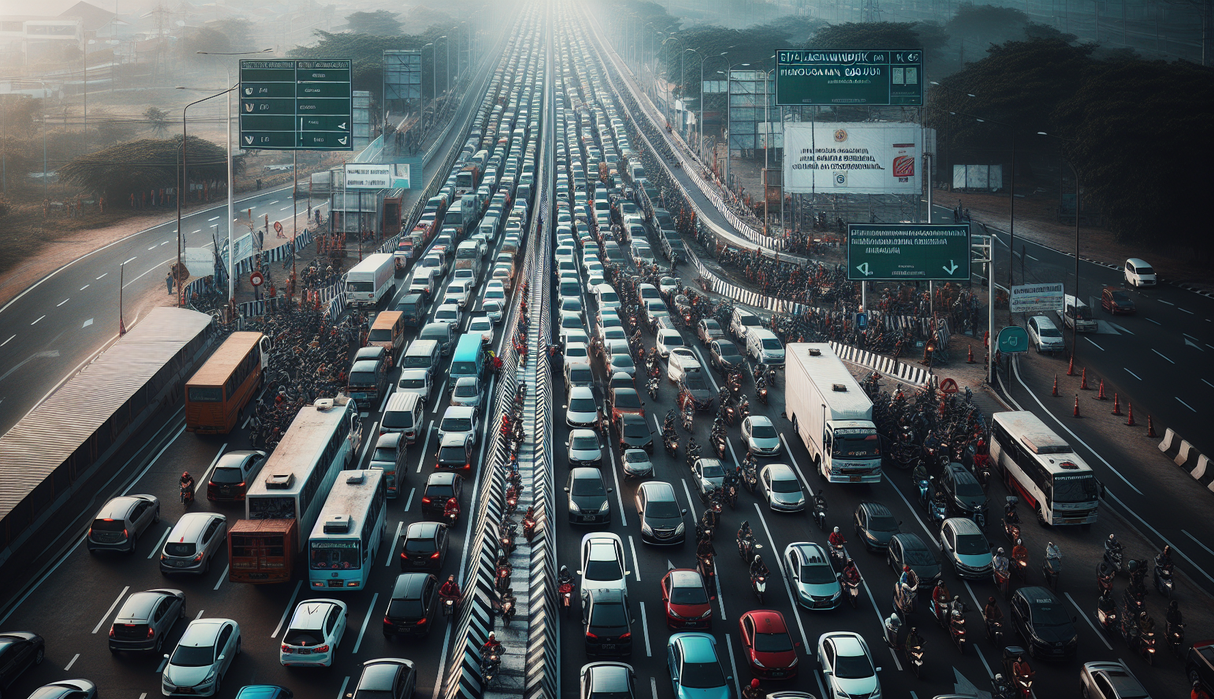 alt_text: Rest area tol jadi simpul kemacetan saat arus mudik, dipadati kendaraan dan pemudik.