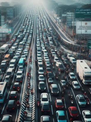 alt_text: Rest area tol jadi simpul kemacetan saat arus mudik, dipadati kendaraan dan pemudik.