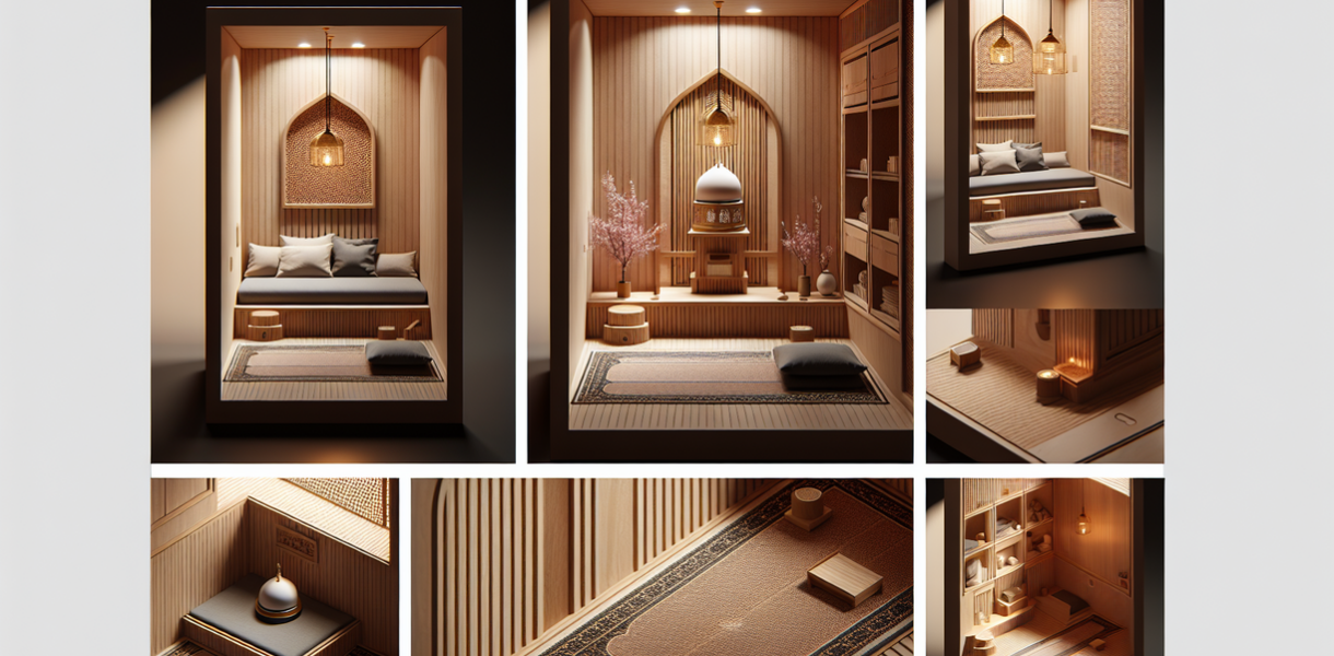 alt_text: Mushola kecil minimalis dengan aksen kayu, nuansa hangat dan tenang, desain bersih dan sederhana.