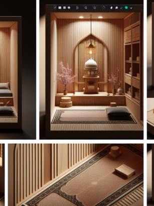 alt_text: Mushola kecil minimalis dengan aksen kayu, nuansa hangat dan tenang, desain bersih dan sederhana.