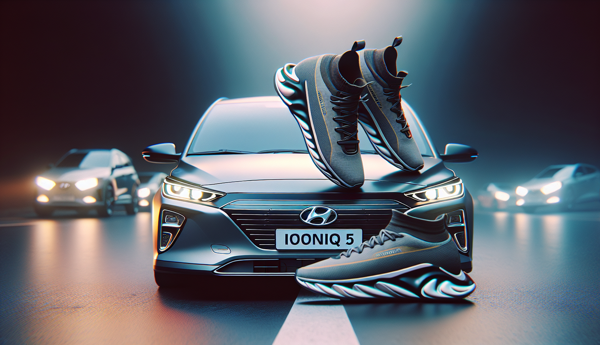 alt_text: Hyundai Ioniq 5 bekas di showroom, strategi pemasaran sepatu olahraga di latar belakang.
