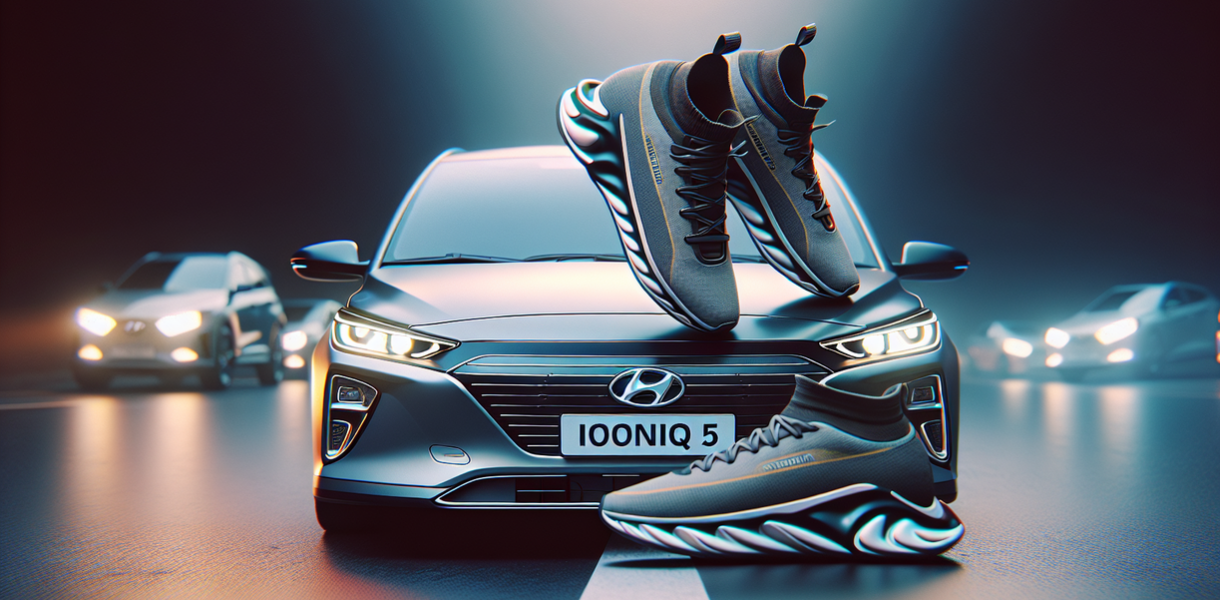alt_text: Hyundai Ioniq 5 bekas di showroom, strategi pemasaran sepatu olahraga di latar belakang.