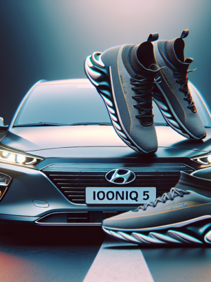 alt_text: Hyundai Ioniq 5 bekas di showroom, strategi pemasaran sepatu olahraga di latar belakang.