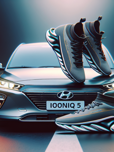 alt_text: Hyundai Ioniq 5 bekas di showroom, strategi pemasaran sepatu olahraga di latar belakang.