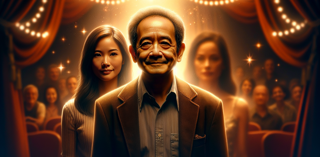 alt_text: Pak Tarno memasarkan produk cinta pada usia lanjut dengan semangat dan senyuman.