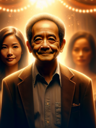 alt_text: Pak Tarno memasarkan produk cinta pada usia lanjut dengan semangat dan senyuman.