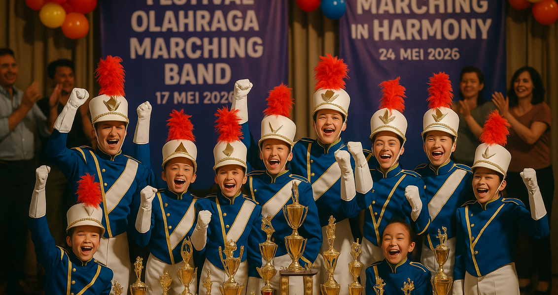 alt_text: Anak-anak B3ST & _widget bangga berfoto bersama piala kemenangan mereka.