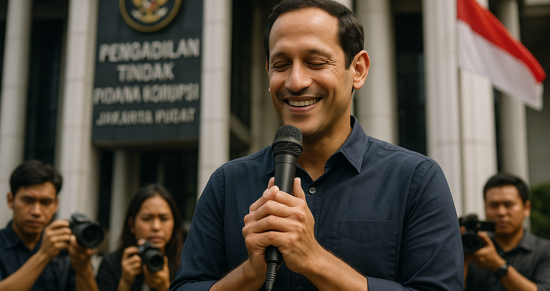 alt_text: Ilustrasi tentang kisah Nadiem terkait kasus Chromebook, isu tahanan rumah, dan pembelajaran penting.