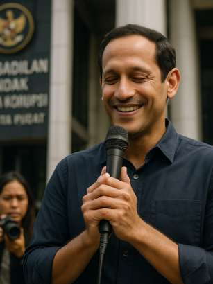 alt_text: Ilustrasi tentang kisah Nadiem terkait kasus Chromebook, isu tahanan rumah, dan pembelajaran penting.