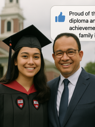 alt_text: Mutiara Baswedan merayakan wisuda di Harvard, memegang ijazah dengan bangga.