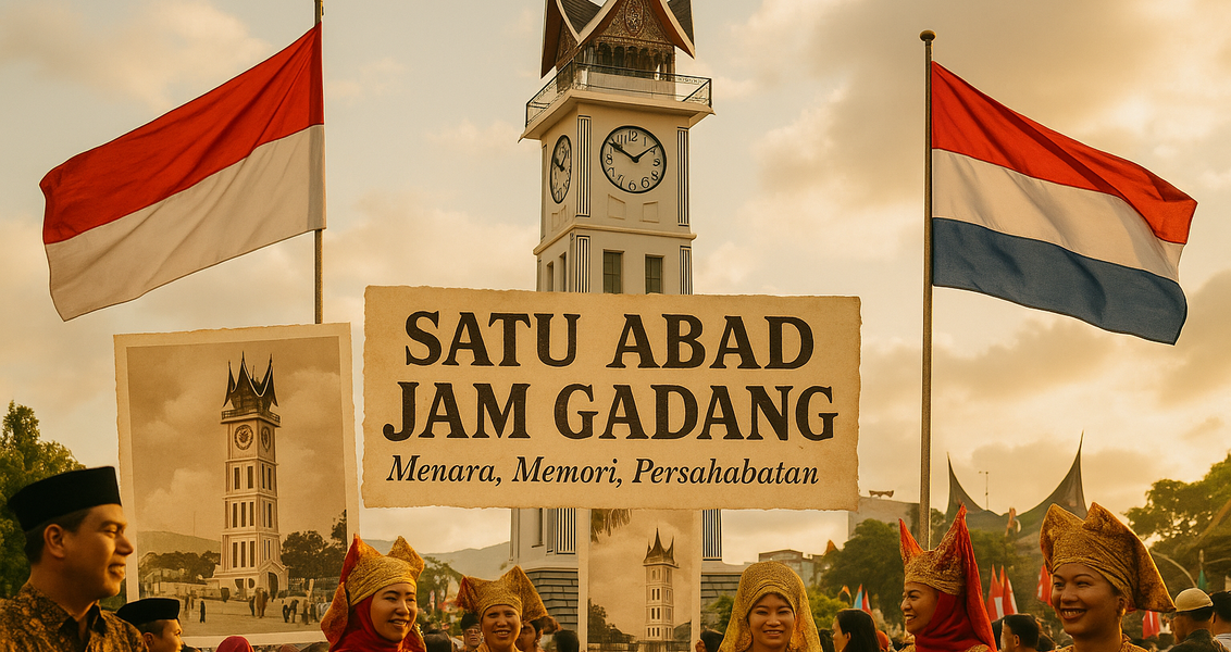 alt_text: Jam Gadang megah berdiri, simbol sejarah dan persahabatan selama seratus tahun.