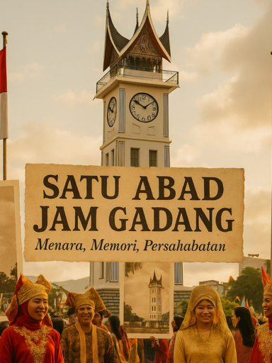 alt_text: Jam Gadang megah berdiri, simbol sejarah dan persahabatan selama seratus tahun.