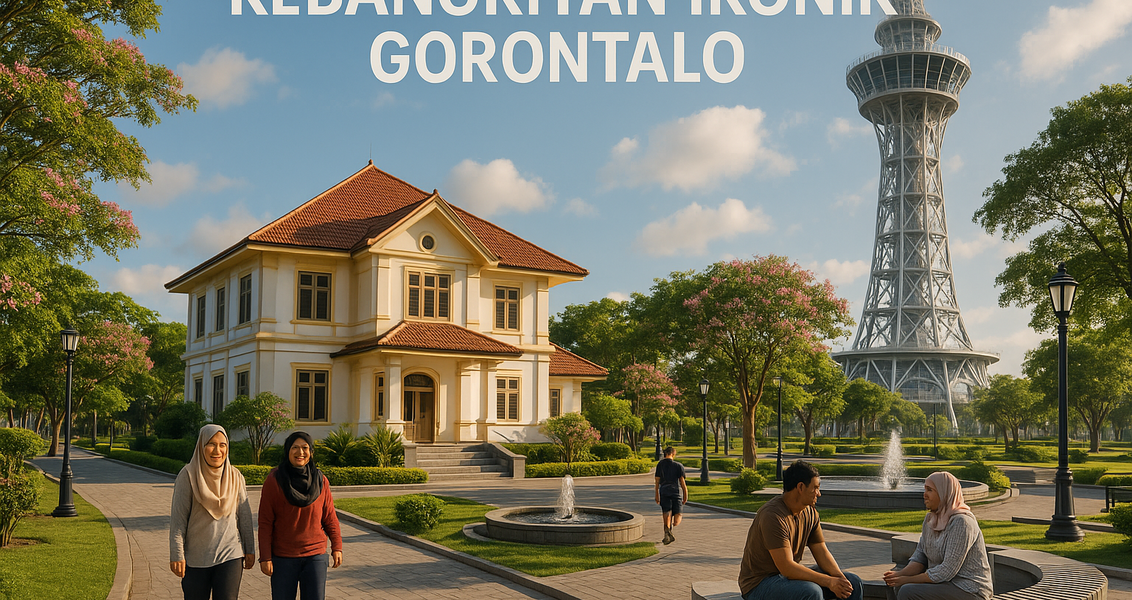 alt_text: Suasana meriah acara PENAS di Taman Menara Limboto dengan dekorasi dan keramaian pengunjung.