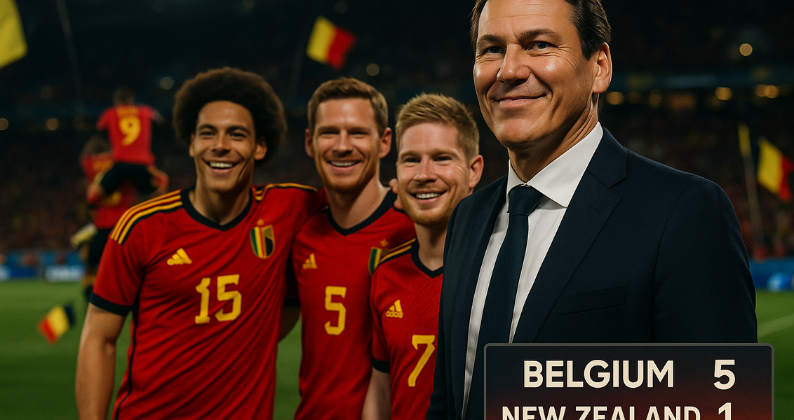alt_text: Pemain Belgia merayakan gol dalam suasana emosional pada malam kemenangan 5-1.