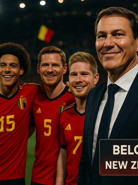 alt_text: Pemain Belgia merayakan gol dalam suasana emosional pada malam kemenangan 5-1.