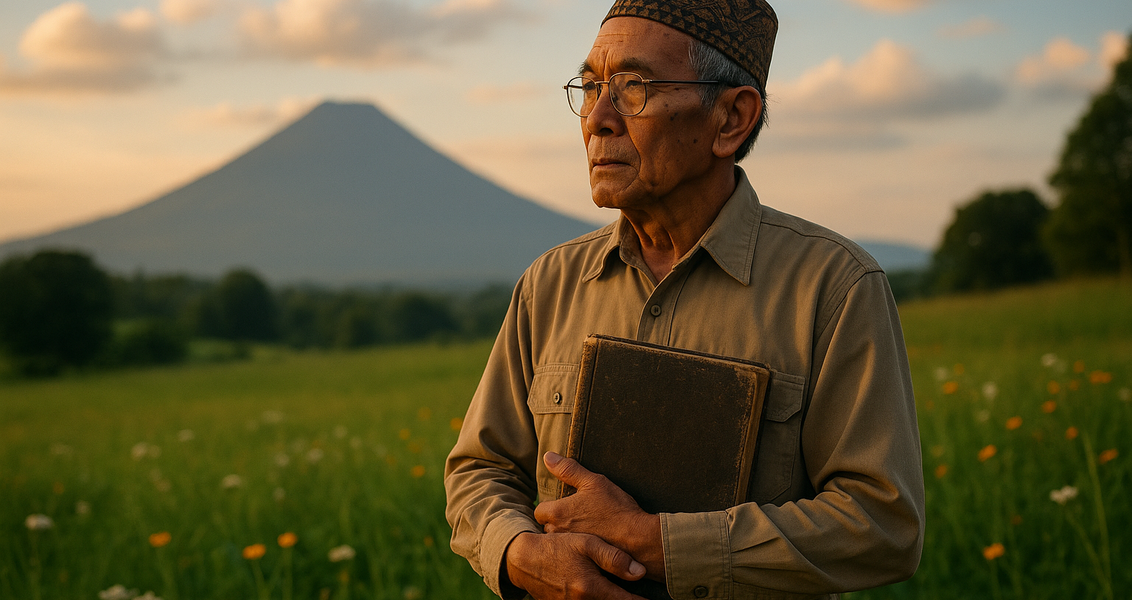 "alt_text": "Seorang guru senior membersihkan papan tulis di ruang kelas."