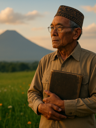 "alt_text": "Seorang guru senior membersihkan papan tulis di ruang kelas."