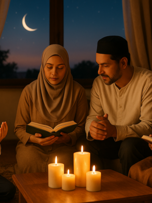alt_text: "Suasana malam tenang di jalan, lampu menerangi, menandai awal tahun baru Islam 1 Muharram."