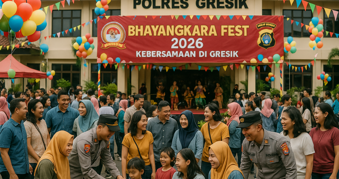 "alt_text": "Poster Bhayangkara Fest 2026: pesta rakyat dan harmoni di Gresik."