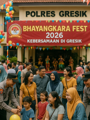 "alt_text": "Poster Bhayangkara Fest 2026: pesta rakyat dan harmoni di Gresik."