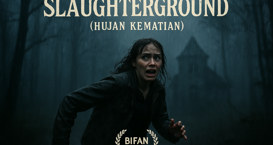 alt_text: Poster film horor bertema perjalanan ke BIFAN dengan kilas balik menyeramkan Slaughterground.