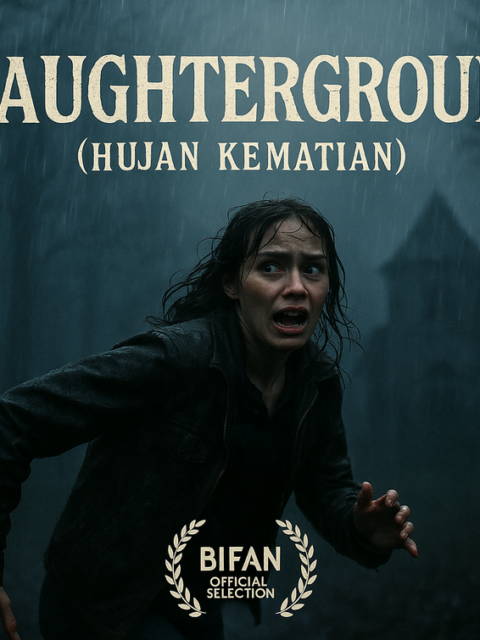 alt_text: Poster film horor bertema perjalanan ke BIFAN dengan kilas balik menyeramkan Slaughterground.