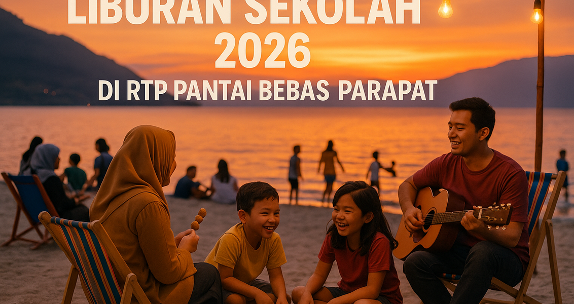 alt_text: Keluarga menikmati senja di Pantai Bebas Parapat dengan siluet indah di cakrawala.