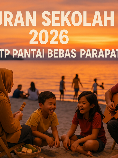 alt_text: Keluarga menikmati senja di Pantai Bebas Parapat dengan siluet indah di cakrawala.